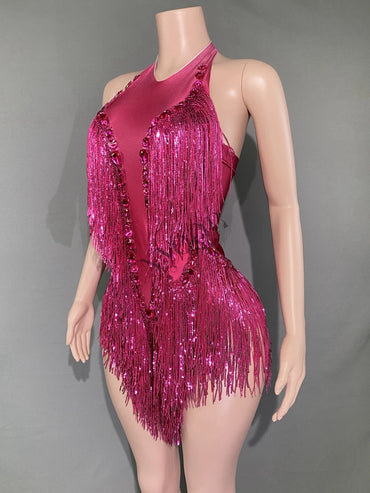 Sparkly Hot Pink Crystals Sequins Fringes Bodysuit for Women Sexy Backless Dance Costume Dancer Performance Show Stage Wear