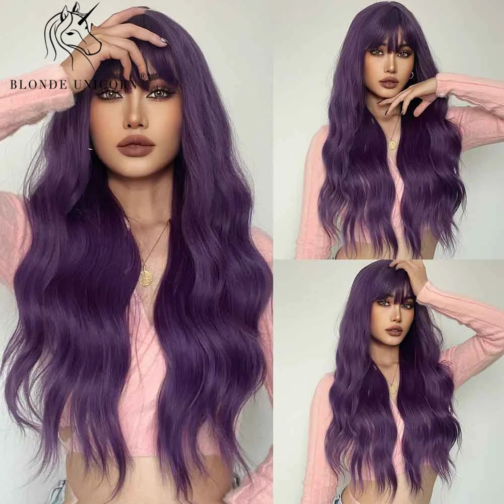 Blonde Unicorn Synthetic Long Wavy Wig Ombre Purple to Blue for Woman Cosplay Halloween Wigs Heat Resistant Fiber Bangs Hair