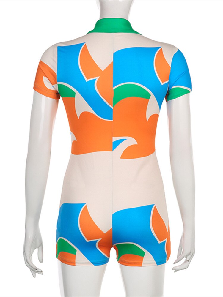 hirigin Multi-color Print Playsuits Women Sexy Short Sleeved Bodycon Rompers Playsuit Summer Buttons Outfits Elegant