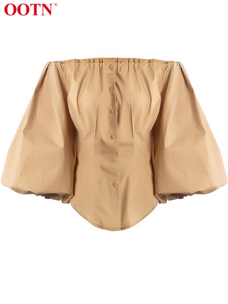 OOTN Sexy Slim Off Shoulder Women Shirt Blouses Lantern Sleeve Tunic Female Top Laides Shirt Pleated Elegant White Blouse Button