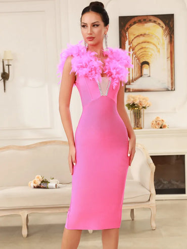 Women Celebrity Sexy Long Sleeve Feather Mesh Pink White Midi Bandage Dress 2025 Knitted Elegant Evening Club Party Dress