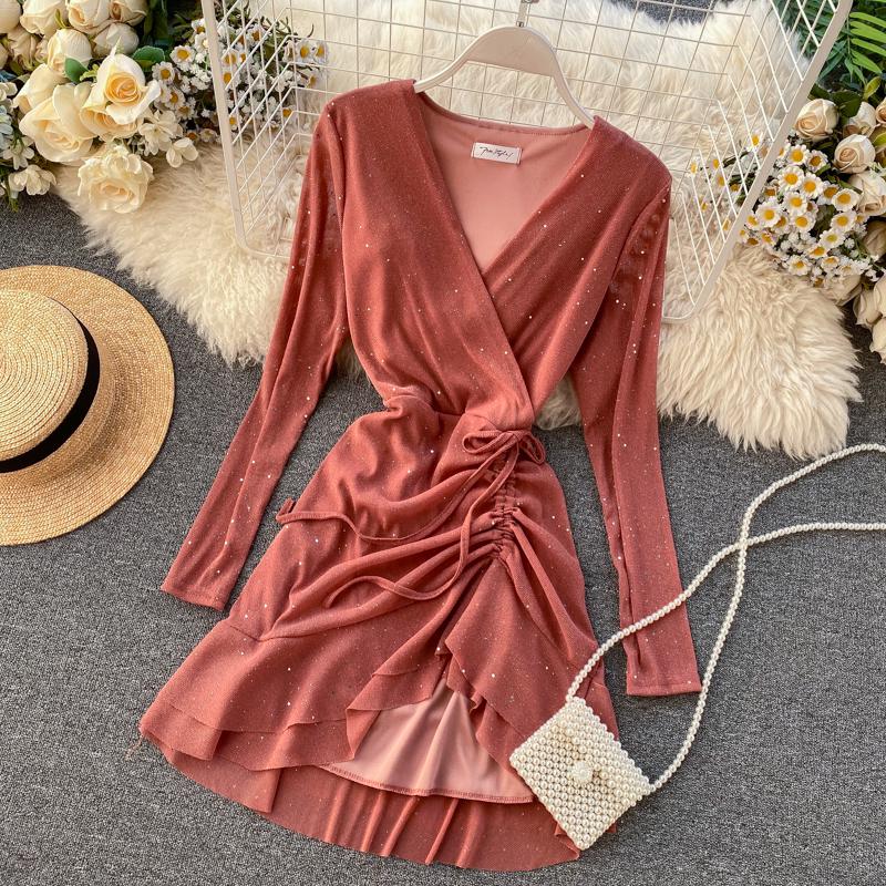 FTLZZ New Women's Dresses Spring Long Sleeve V-neck Elegant Dresses Casual Asymmetrical Ruffle Mini Dress Party Dress