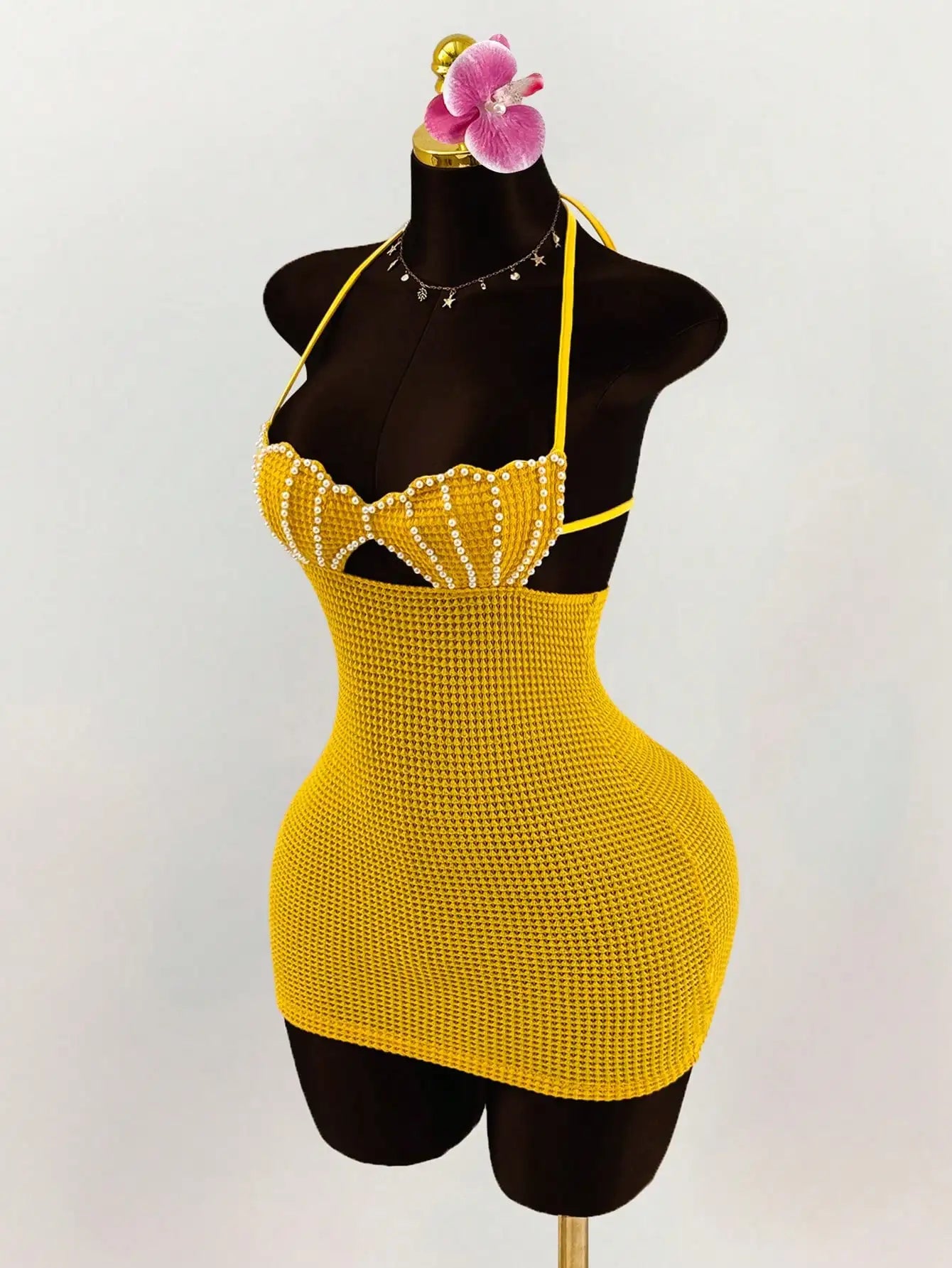 Pearl Shell Halter Backless Mini Bodycon Dress Crochet Bikini Dress