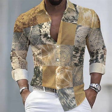 Summer lightweight men's printed long-sleeved shirt, retro floral plaid color-blocked casual shirt, Hawaiian vacation style top.