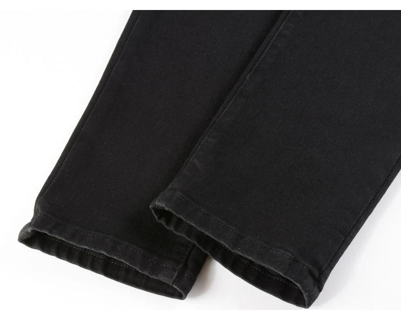 Fashionable new men's jeans, washed, nostalgic, elastic, slim fit, perforated, patchwork patch, black jeans, high street designe