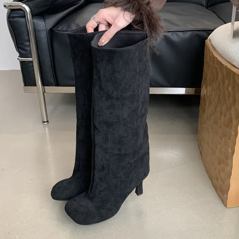 Autumn Winter Round Toe Women Knee-High Boots Punk Style Thin High Heels Shoe Comfort Faux Suede Female Long Booties botas mujer