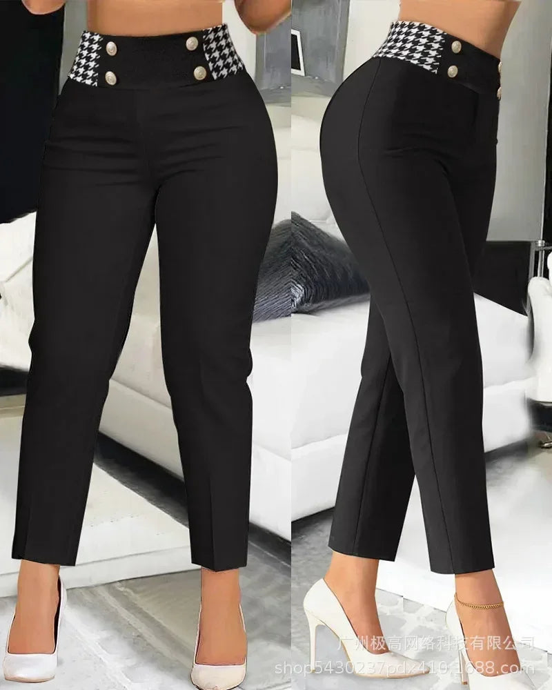 Houndstooth Print High Waist Work Pants Women Plaid Summer Spring Fashion Ankle Length Pants Office Lady