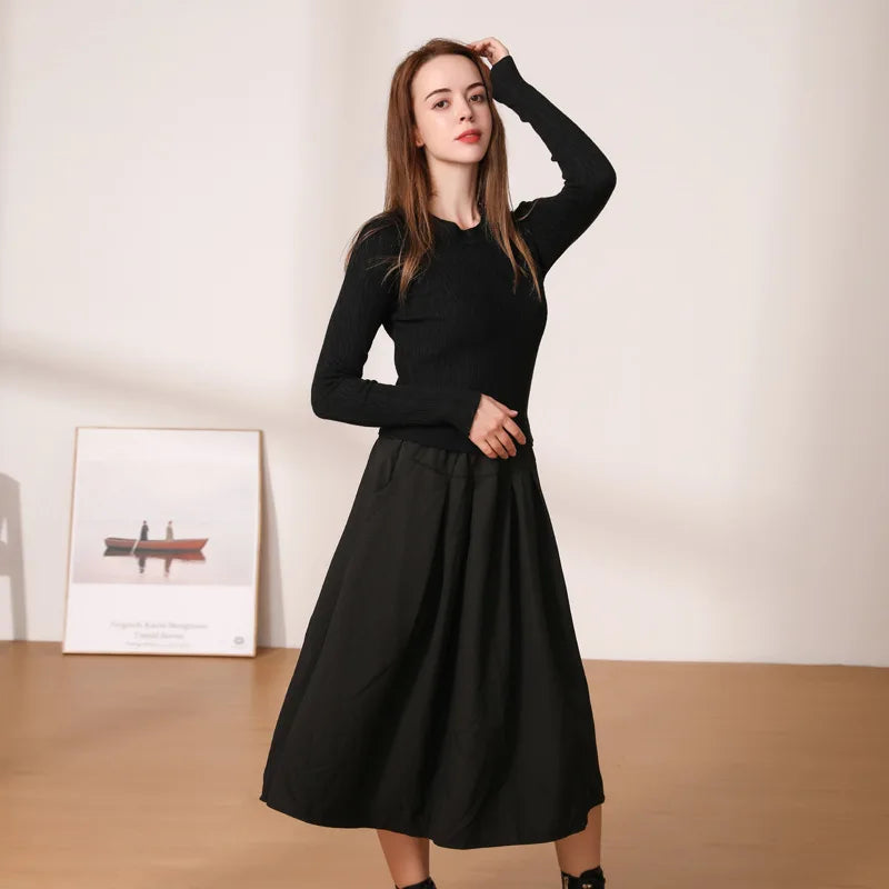 Women's Black One-Piece Sweater Dress Knitted Dresses Elegant and Pret