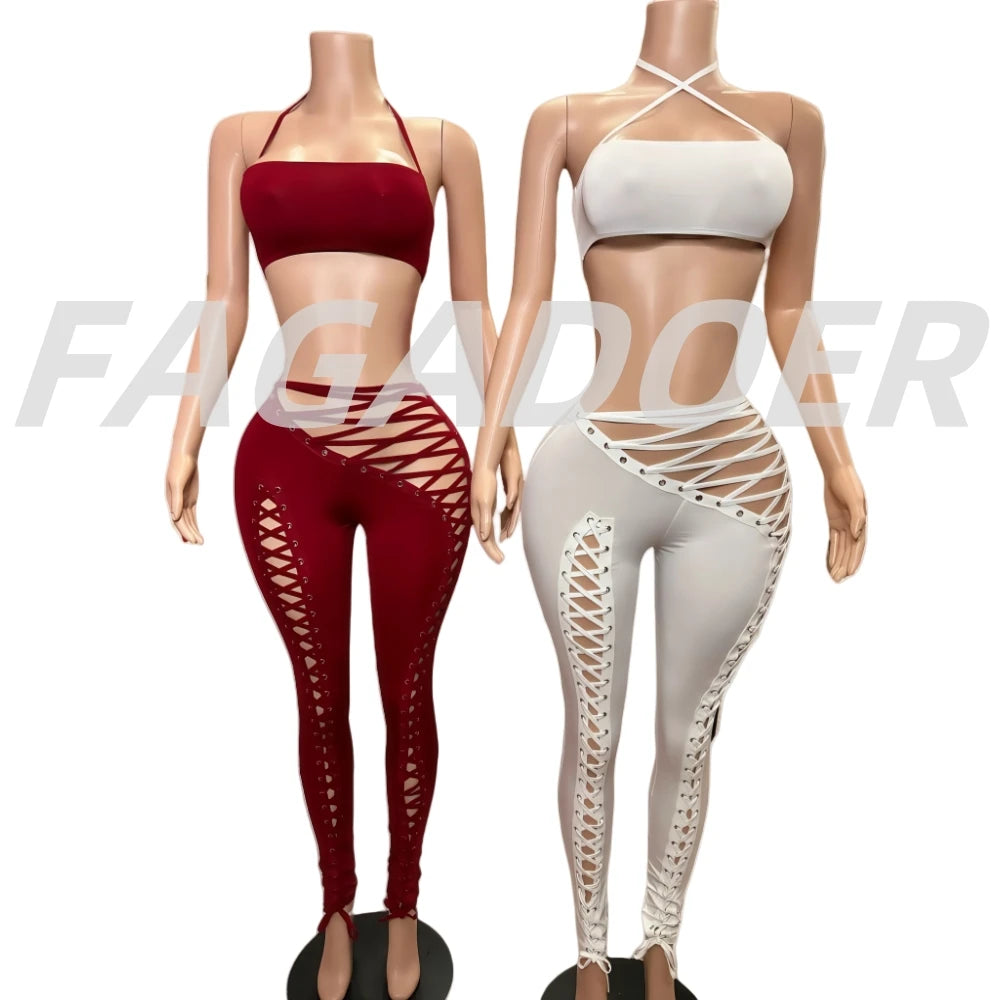 FAGADOER Sexy Bandage Patchwork 2 Piece Sets Woman Outfit Halter Sleeveless Crop Tops and Pants Matching Suit Female Streetwear