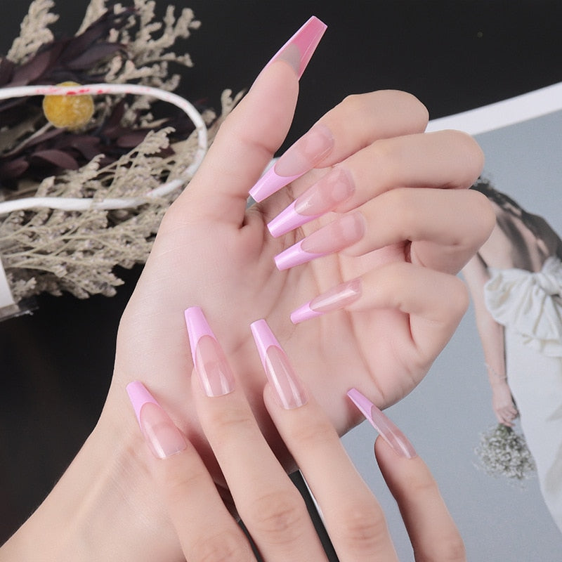 24pcs Strawberry Girl Long Ballet False Nails Art Removable Acrylic Press On Nail Tips
