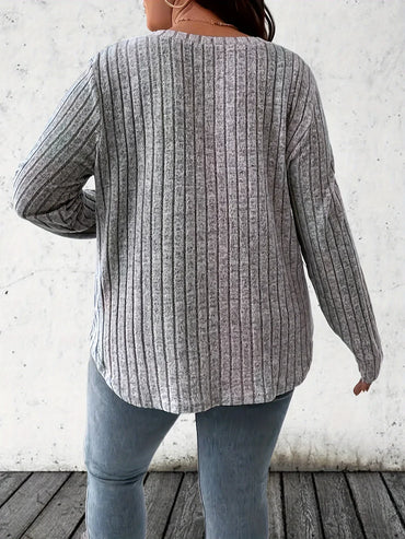 Plus Size 1XL-5XL Women's Casual Fashion V Neck Long Sleeve T-Shirt LadiesWomen's Plus Size Solid Ribbed T-Shirt Clothing