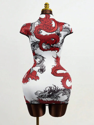 Women's Chinese Dragon Print Hollow-Out Bodycon Dress with Puff Sleeve and Button Detail