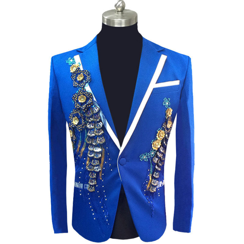 White Floral Sequin Embroidery Suit Jacket Men Wedding Groom Tuxedo Suit Blazers Mens One Button Peak Lapel Stage Costume Homme