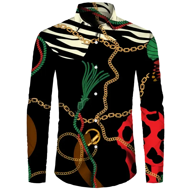 Fashion Luxury Golden Flower Print Men's Shirts Baroque Style Short/Long Sleeve Lapel Button Up Tops Social Hawai Party Cardigan