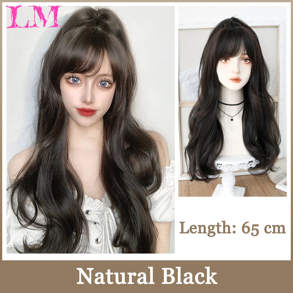 LM Synthetic Black Wig with Long Ponytail Short Straight Wig Lolita Cosplay Party Harajuku Blonde Wig With Bangs for Women