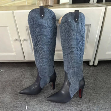 Slip On Winter Long Booties Sexy Pointed Toe Flannel Boats Embroidered Leather Knee-High Boots Women High Heels Designer Style