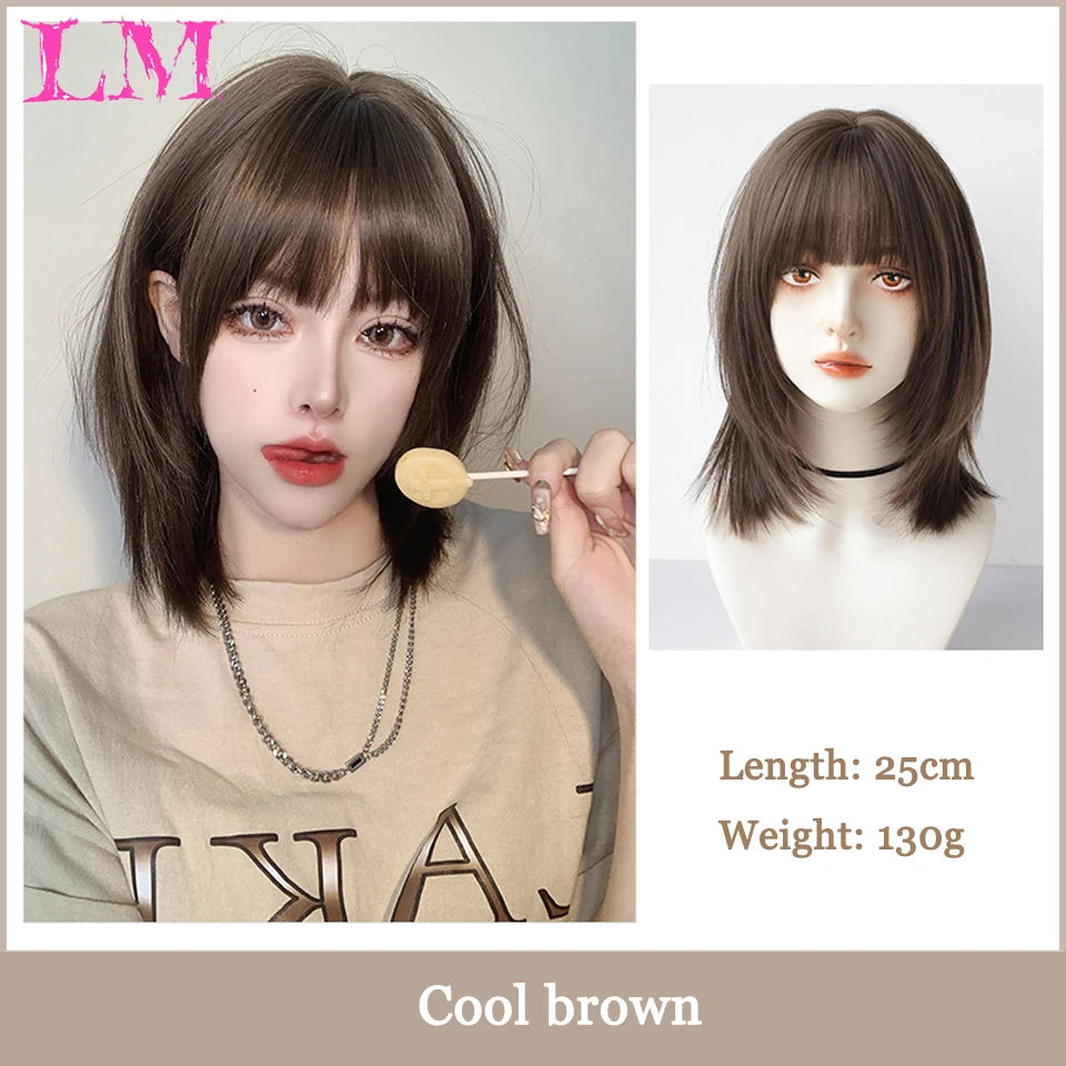 LM Synthetic Black Wig with Long Ponytail Short Straight Wig Lolita Cosplay Party Harajuku Blonde Wig With Bangs for Women