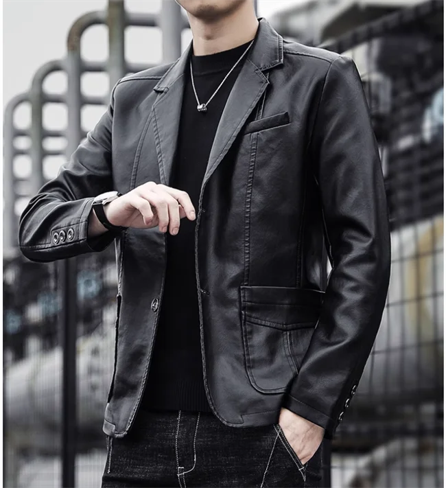 2024 New Men Business Casual Leather Jacket Black / khaki Fashion Male Suit Collar Coats Large Size 5XL Slim Fit Top