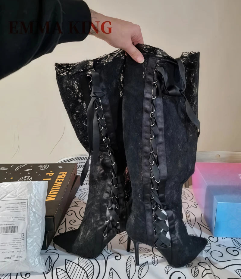Fashion Black Lace Over The Knee Boots Lace Up Gothic Thigh High Boots High Heels Long Bridal Boots Pointed White Wedding Boots