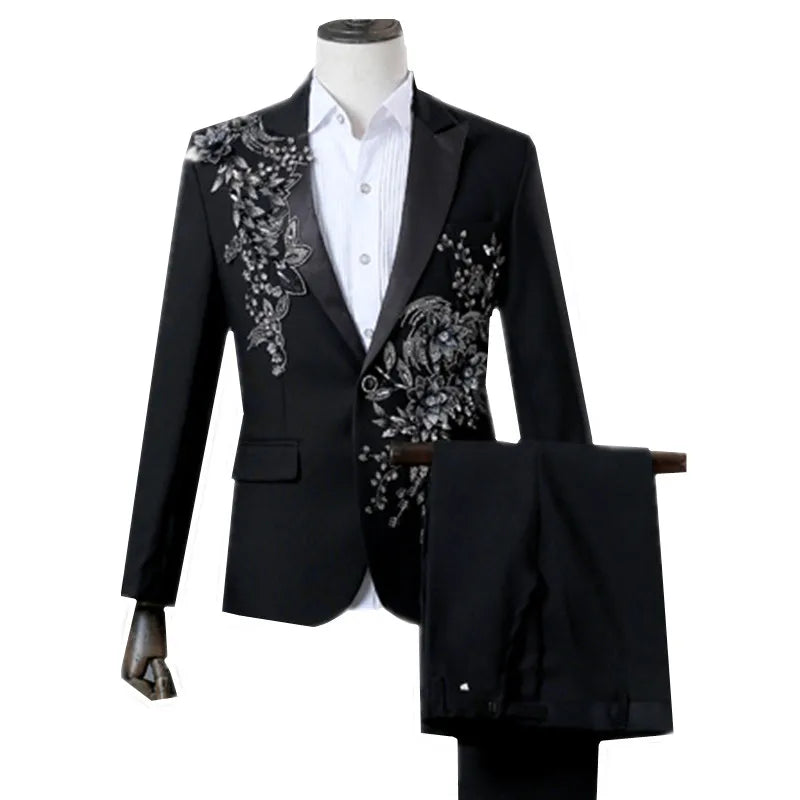 New Men Luxury Decal Suits Black / Red / Blue / White Fashion Singer Host Stage Performance Splicing Flower Blazers and Pants