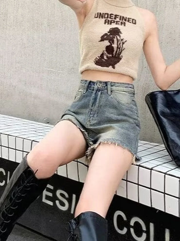 Denim shorts for women in summer, thin cut with holes and frayed edges, design sense, niche high street trendy brand, ins new st