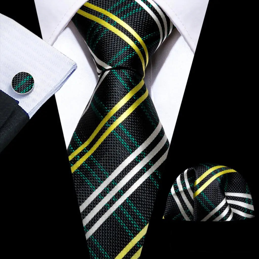 Barry.Wang Plaid Silk Men Tie Hanky Cufflinks Set Checked Jacquard Necktie for Male Formal Casual Wedding Business Party Events