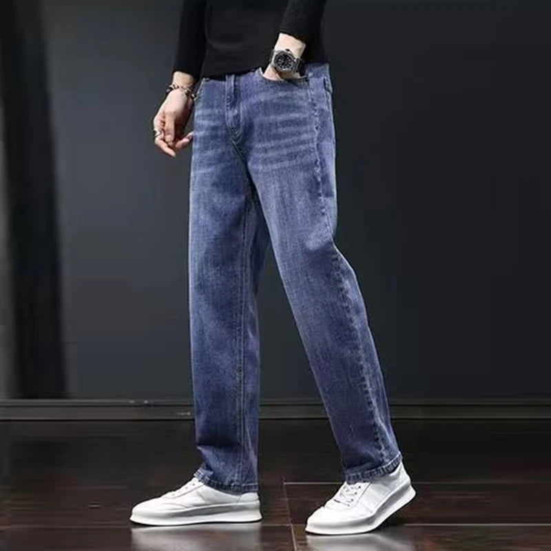2025 New Men Fashion Loose Straight Elasticity Jeans Male Wear-Resistant Look Taller Denim Pants Smart Casual Dark Gray Trousers
