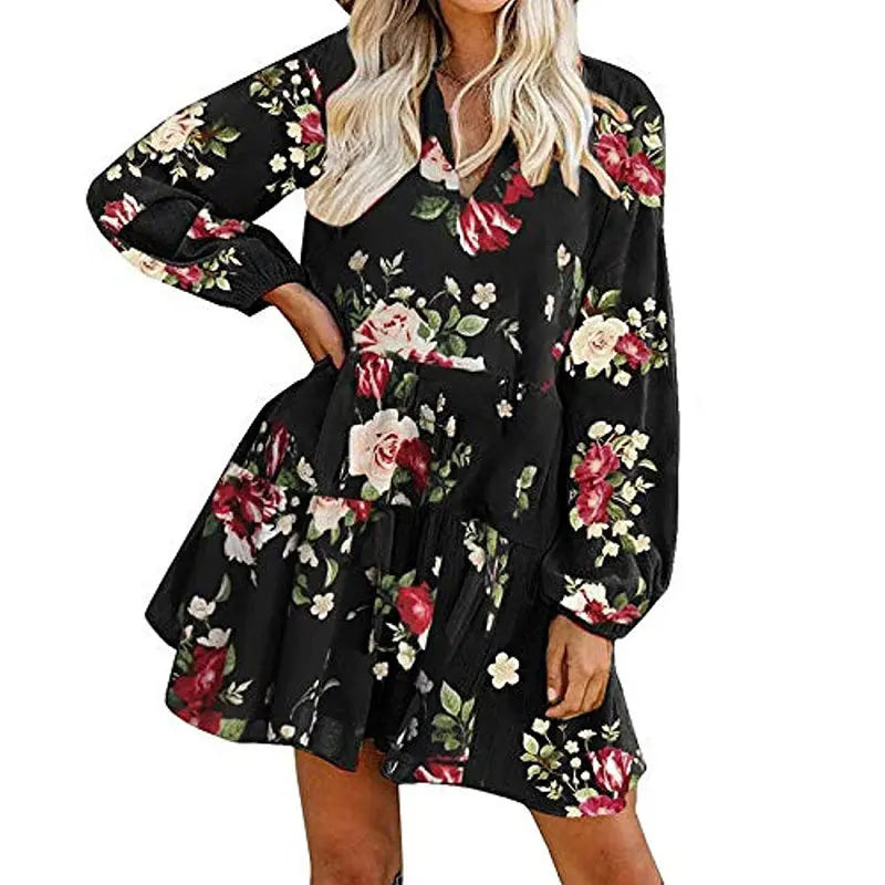Fashion V-neck Loose Dress Fall Winter Long Sleeve Dress Lantern Sleeve Dress European and American Woman Dress Dresses