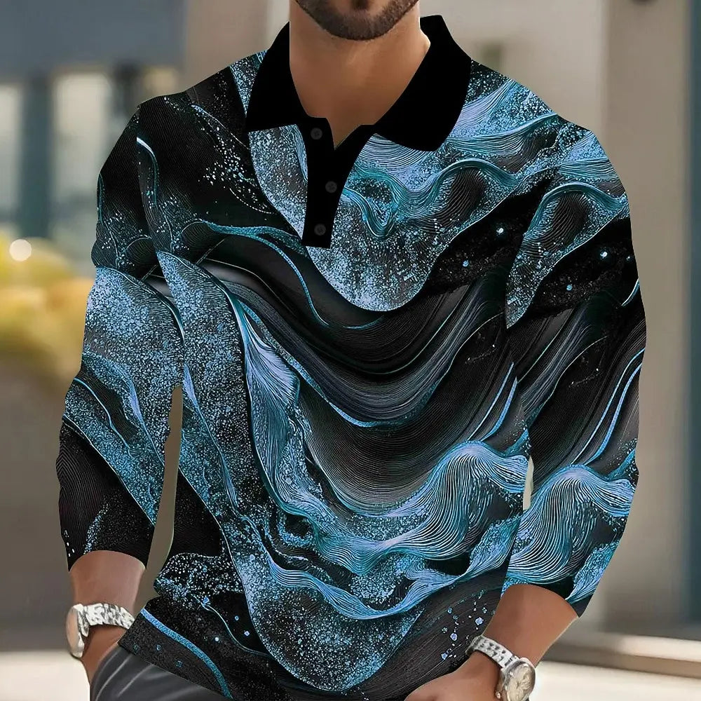 2025 Men's Abstract Marble Long Sleeve Polo Shirt Breathable Business Casual Top Slim Fit Quick Dry Multi Colors Fall Winter