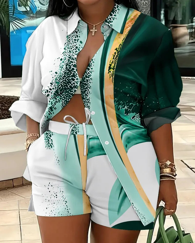 2025 Spring Autumn Casual Woman Sets Fashion Shirt Printed Button Shirt&Shorts Streetwear Shorts Pant Outfit Suit Two Piece Set