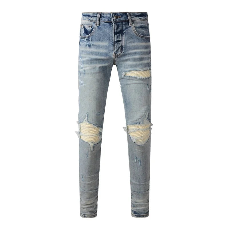 Fashion Top Quality Streetwear Distressed Men's Jeans Vintage Low Rise Stretch Skinny Button Fly Ripped Hold Pants