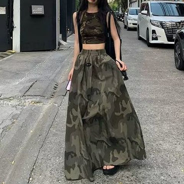 Japanese Summer High Waist Camouflage Long Skirt Women Print Vacation Skirts Causal Y2k Korean Fashion Vintage Faldas Maxi Jupe