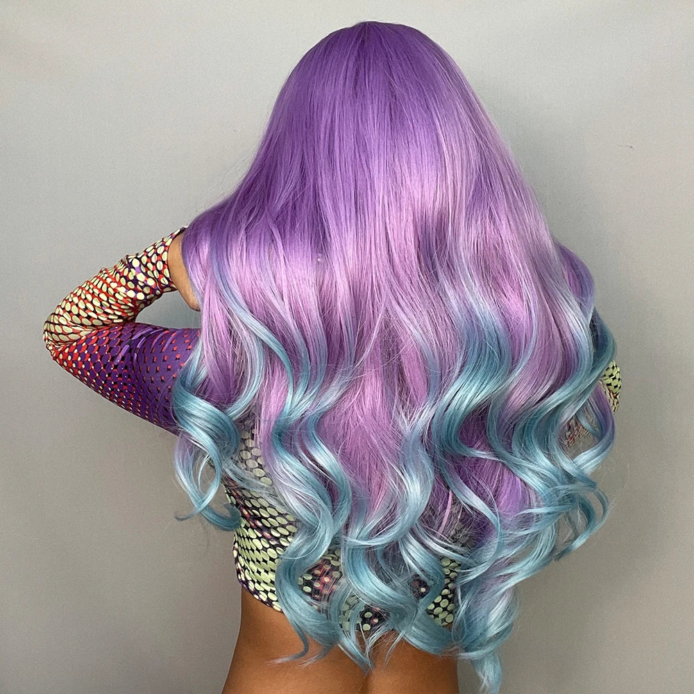 Blonde Unicorn Synthetic Long Wavy Wig Ombre Purple to Blue for Woman Cosplay Halloween Wigs Heat Resistant Fiber Bangs Hair