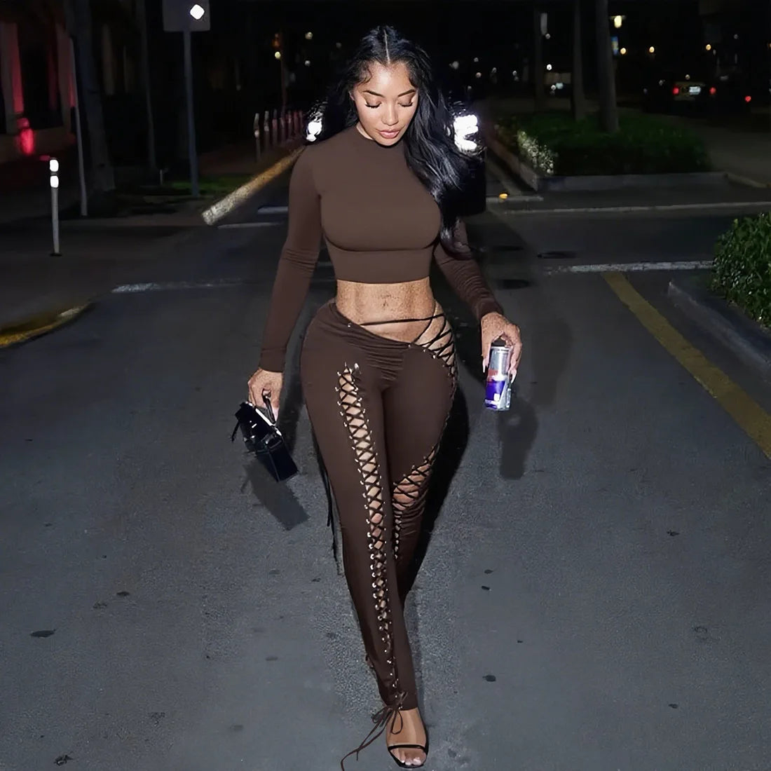 FAGADOER Sexy Bandage Patchwork 2 Piece Sets Woman Outfit Halter Sleeveless Crop Tops and Pants Matching Suit Female Streetwear