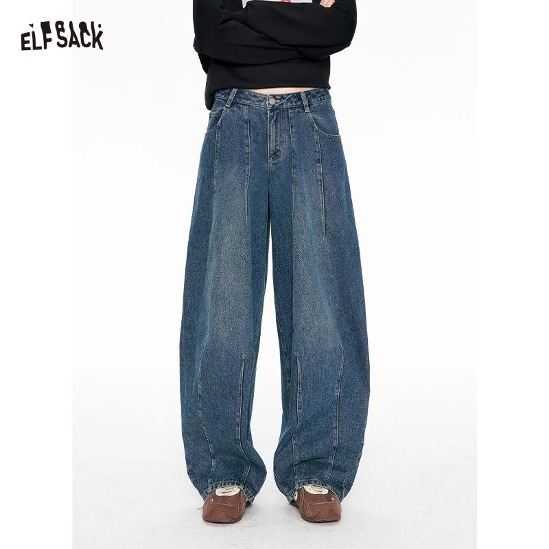 ELFSACK Women's Vintage Baggy Jeans With Retro Washed Denim, Oversized Loose Wide Leg Pants, Streetwear Trousers for Casual