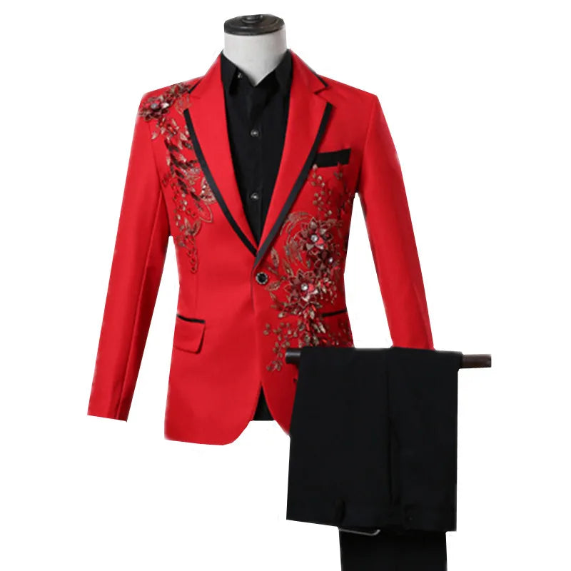 New Men Luxury Decal Suits Black / Red / Blue / White Fashion Singer Host Stage Performance Splicing Flower Blazers and Pants