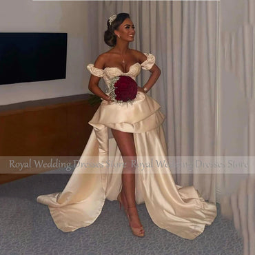 Off The Shoulder Champagne Satin Cocktail Dress For Women Mini Short Cocktail Gown Appliques Party Gown Sleeveless With Train