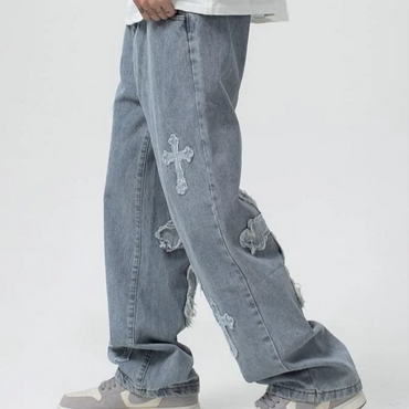 Men's street style loose jeans with vintage cross design, hip-hop trend wide leg pants, casual straight leg denim pants
