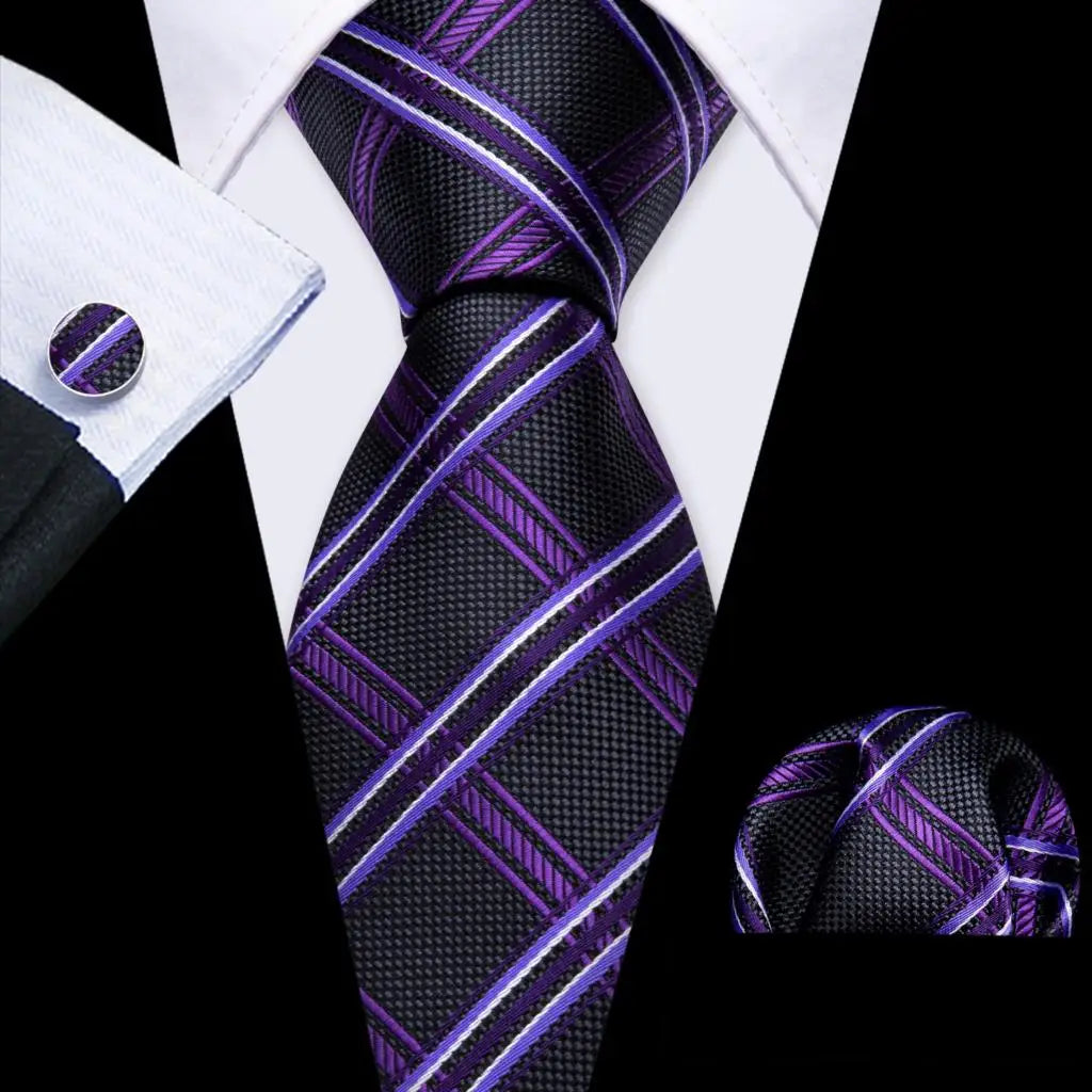 Barry.Wang Plaid Silk Men Tie Hanky Cufflinks Set Checked Jacquard Necktie for Male Formal Casual Wedding Business Party Events