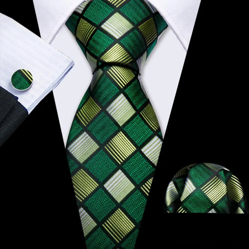 Barry.Wang Plaid Silk Men Tie Hanky Cufflinks Set Checked Jacquard Necktie for Male Formal Casual Wedding Business Party Events