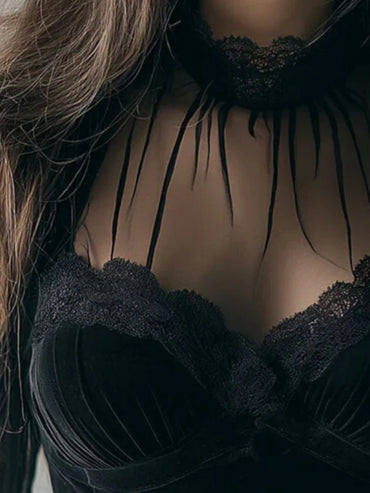 French Style Black Shirts Elegant Lace Patchwork Velvet Women Blouses Early Spring New Slimming Long Sleeve Top