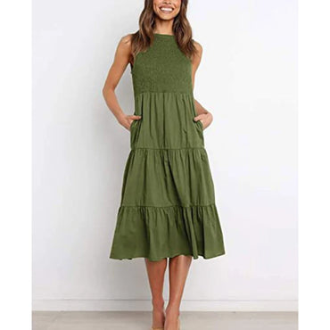 2023 Women Casual Sleeveless Dress Summer Outfits Smocked Tiered A-Line Large Swing Sundress Elastic Waist Solid Color Y1QD