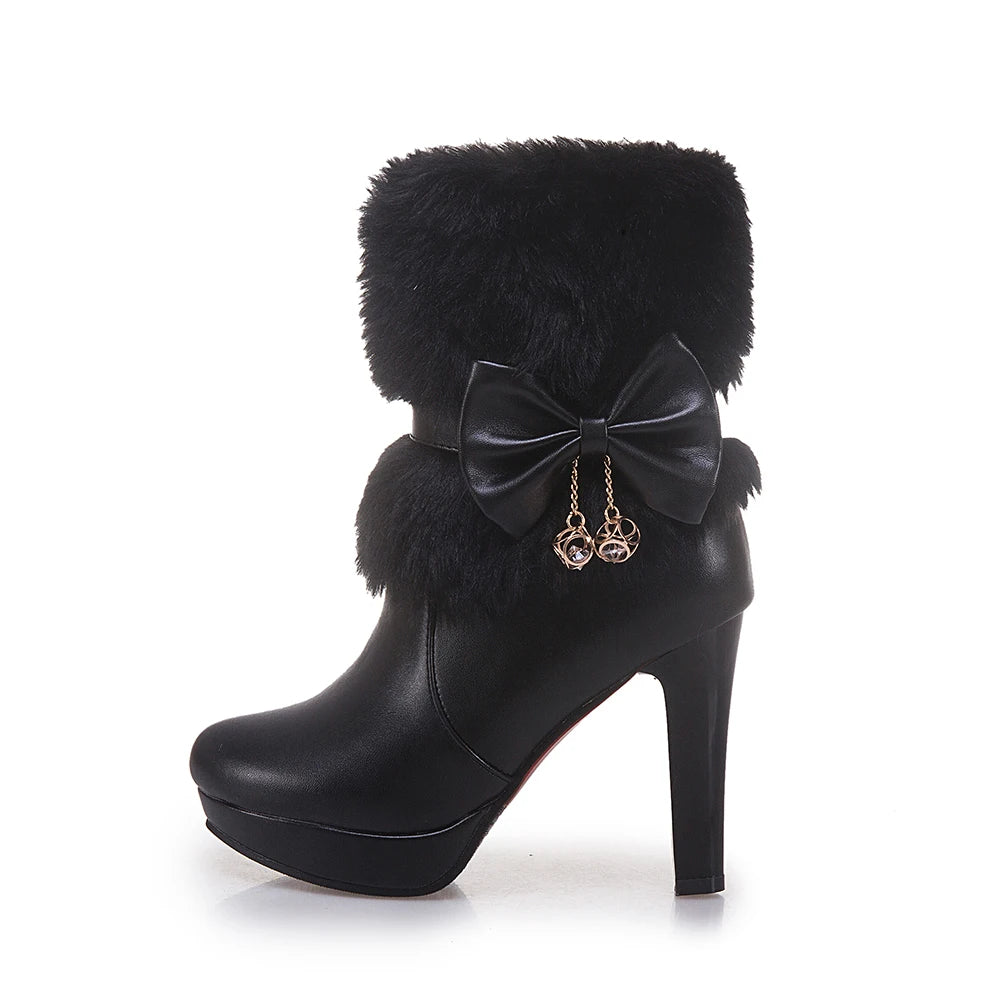 2025 Winter Womens Fashion High Heel Boots Pink White Black Fur Tassel Bowtie Lovely Lolita Ladies Party Wedding Shoes size32-43