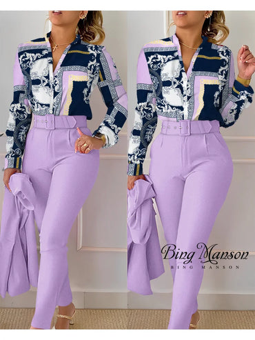 2023 Summer Women's Leisure Tropical Print Tassel Long Sleeve Top and Pants Set with Belt Women's Two Piece Set Work Clothes