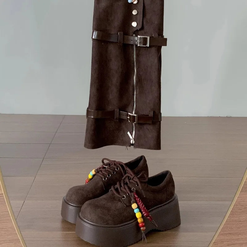 Autumn Winter Chunky Women Knee High Boots Fashion Button Combination Splicing Shoes Ladies Platform Thick Heel Long Booties