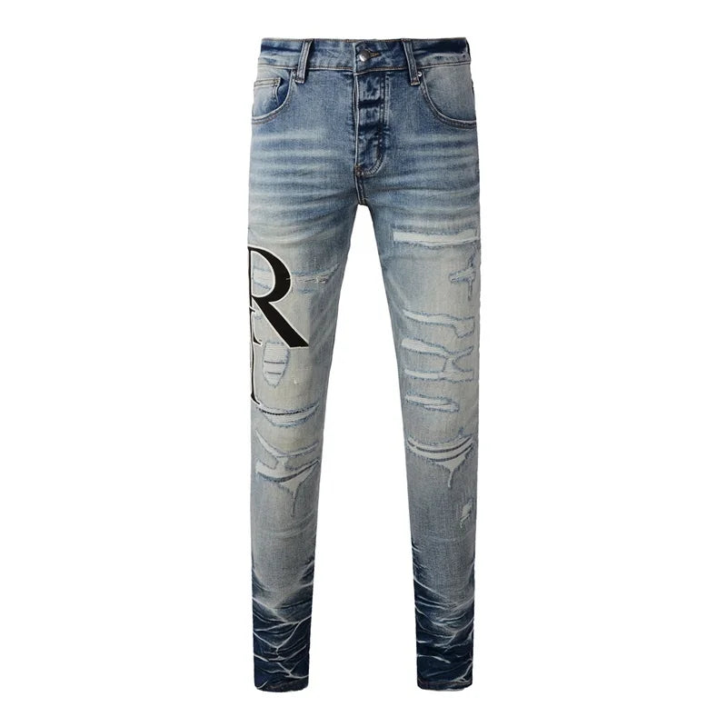 Fashion Top Quality Streetwear Distressed Men's Jeans Vintage Low Rise Stretch Skinny Button Fly Ripped Hold Pants