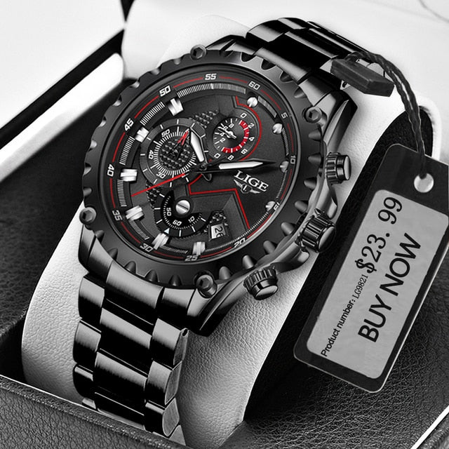 LIGE Fashion Mens Watches Top Luxury Brand Silver Stainless Steel 30m Waterproof Quartz