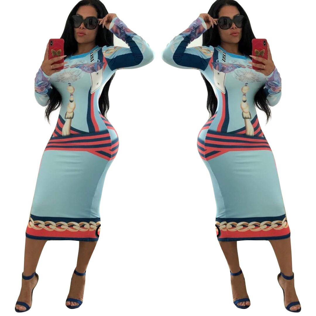 Multicolor Print Novelty Bodycon Sheath Dress Women Summer Long Sleeve Knee-Length Casual Dresses Elegant Slim Midi Robe Femme