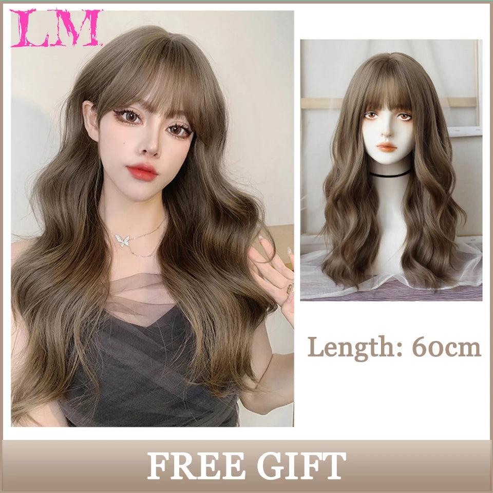LM Synthetic Black Wig with Long Ponytail Short Straight Wig Lolita Cosplay Party Harajuku Blonde Wig With Bangs for Women