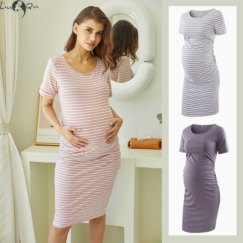 Liu&Qu Maternity Dresses Women Side Ruched Pregnany Dress Bodycon Pregnant Clothes Casual Mama Short Sleeve Wrap Baby Showers